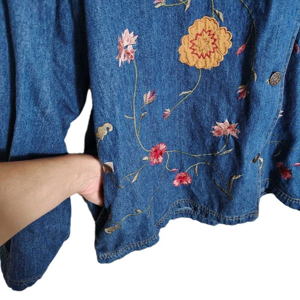 Vintage Embroidered Denim Shirt Jacket Womens 2X Floral Button Front Boho Folk - Picture 5 of 12